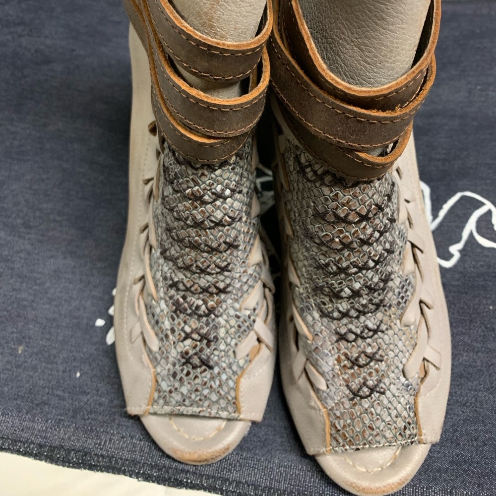 Freebird by Steven Taupe and Brown Leather Snake-Print Eagle Sandals